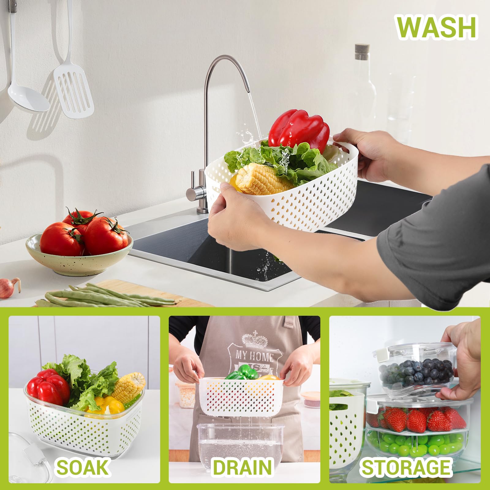 Luxear Fresh Produce Vegetable Fruit Storage Containers 3Piece Set, Bpa-Free, Partitioned Salad Container, Fridge Organizers, Us